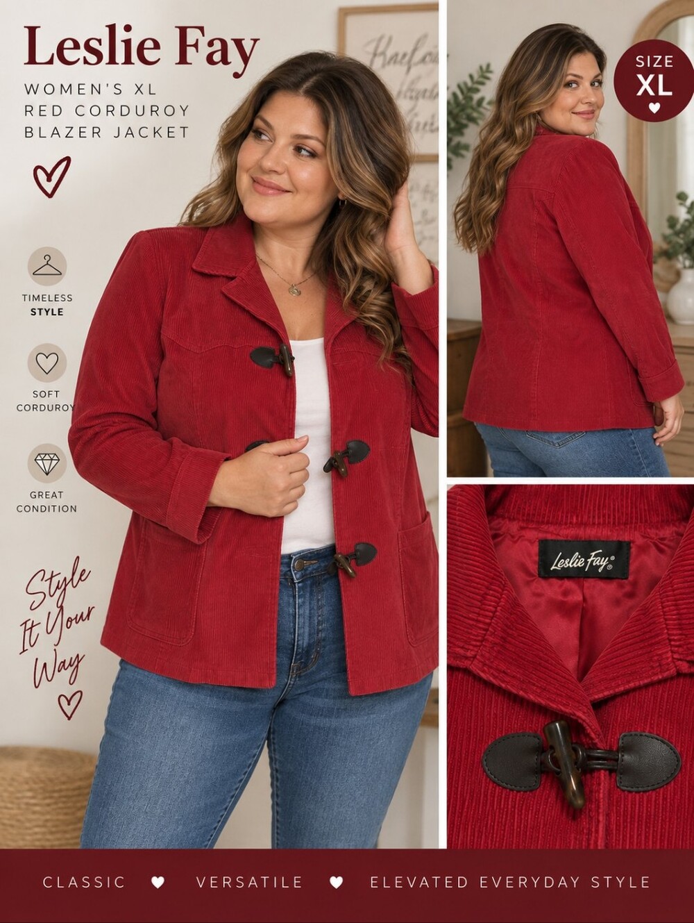 Leslie Fay Women's XL red corduroy blazer jacket #21